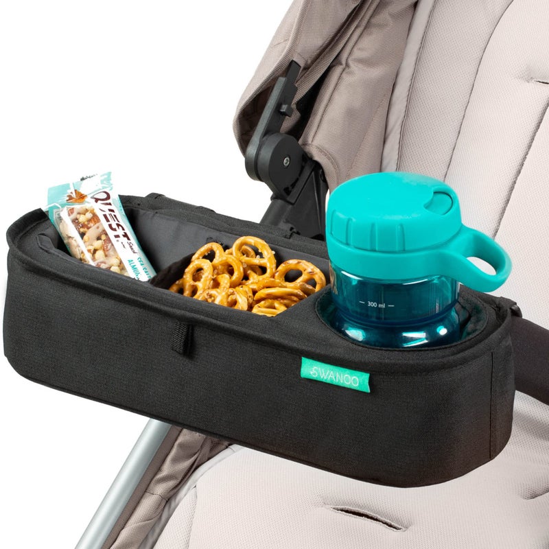 Swanoo Universal Stroller Tray with Insulated Sippy Cup Holder - Upgraded Rigid Frame Stays Upright - Exclusive Non Slip Straps Firmly Grip Stroller Bar. Universal Stroller Snack Tray Attachment - Image 1